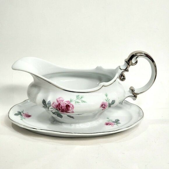 Home Arts ENCHANTED ROSE Pink Gravy Boat with Attached Underplate Germany - Picture 1 of 11
